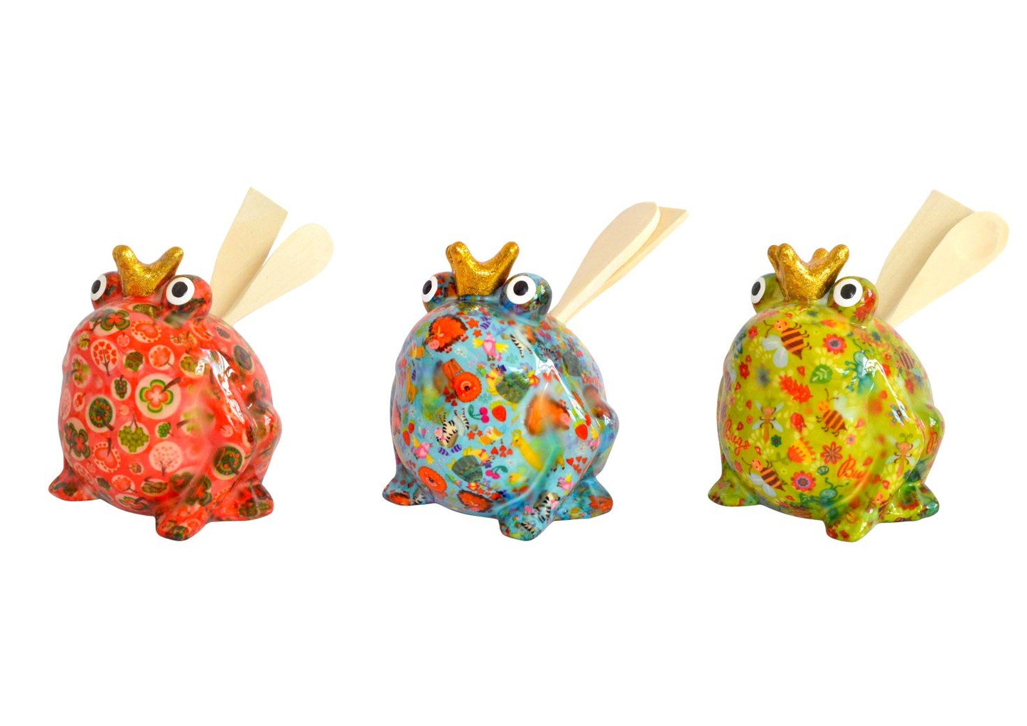 Pomme Pidou kikker keukengereihouder in roze–rood–oranje mix, blauw multicolor en groen met bloemen & bijtjes – keramiek – Krokomingo
