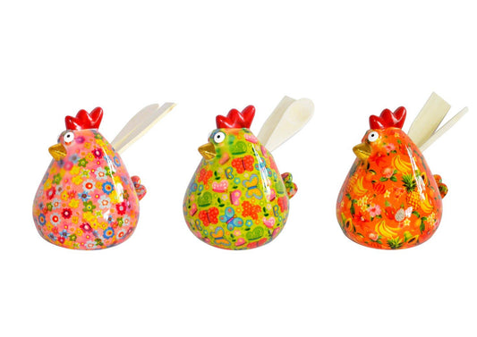 Pomme Pidou keukengereihouder Kip Matilda in roze bloemen, groen met vlinders & hartjes en oranje fruitdesign – keramiek – Krokomingo