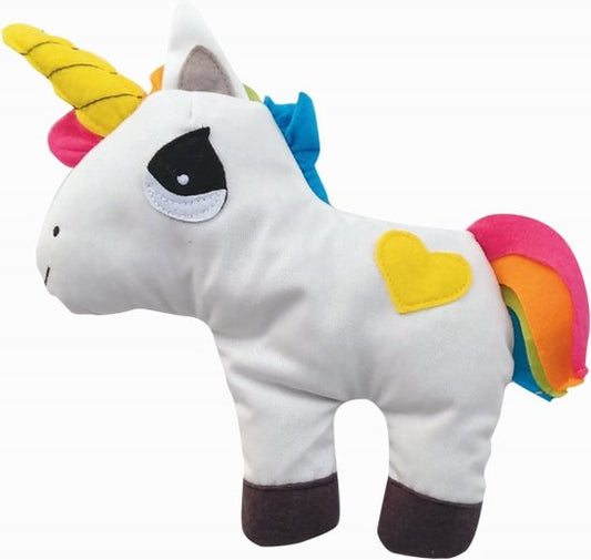 Wit unicorn warmtekussen met regenboogstaart en gouden hoorn – katoen gevuld met granen en lavendel – 27,5 cm