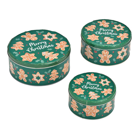 Set van 3 groene koektrommels met gingerbread design en Merry Christmas tekst – kerstdecoratie