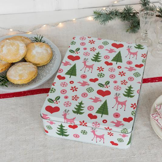 Rechthoekige retro koektrommel 50’s Christmas met rendieren, kerstbomen en hartjes – Rex London – 27x19x6,5 cm