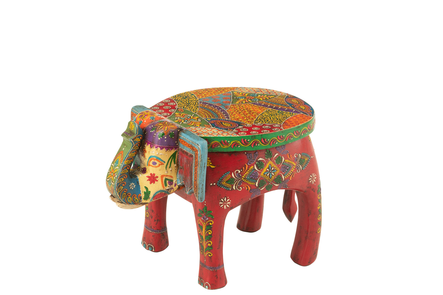 Handbeschilderde Olifant Kruk Delhi van mangohout met kleurrijke patronen en wereldse uitstraling van J-Line.