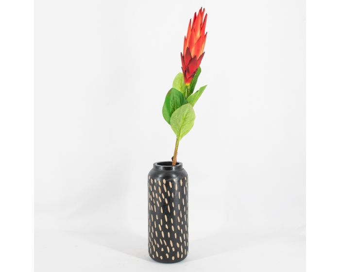 Rode tropische kunsttak van 83 cm met exotische protea bloem als decoratieve kunstbloem voor vazen en arrangementen.