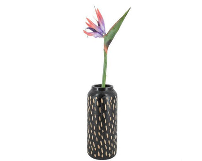 Roze paarse Bird of Paradise Strelitzia kunsttak van 74 cm met exotische tropische bloem in zwarte vaas