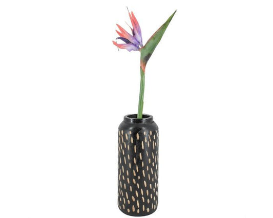 Roze paarse Bird of Paradise Strelitzia kunsttak van 74 cm met exotische tropische bloem in zwarte vaas