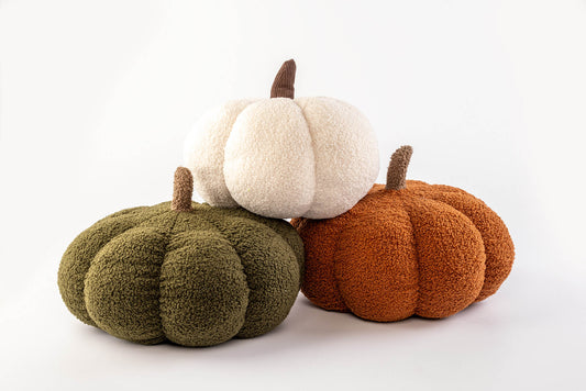 Grote stoffen teddy pompoenen Ø30 cm in Snow White, Rifle Green en Rustic Brown