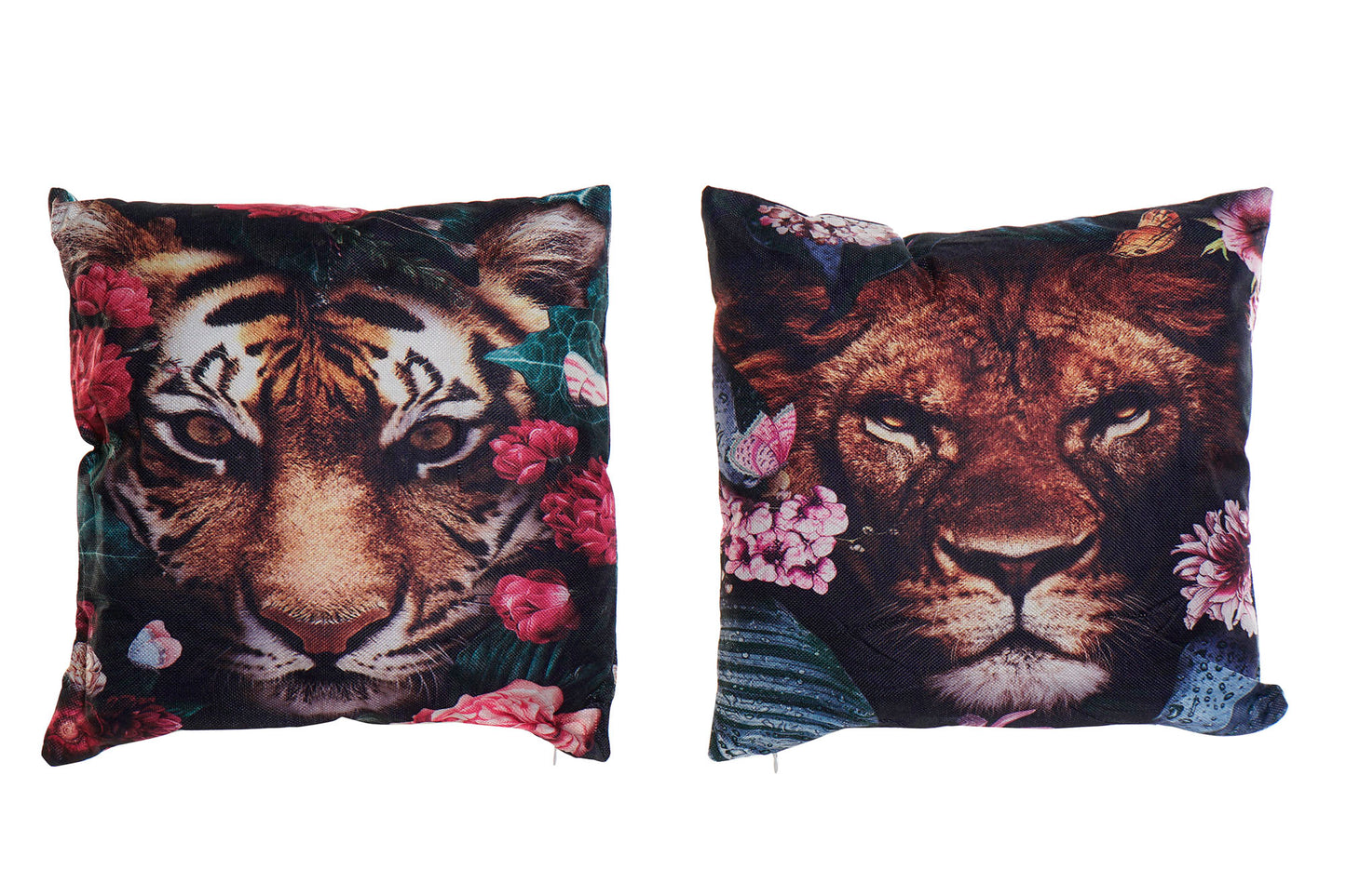 Set van twee dubbelzijdig bedrukte polyester sierkussens van 45x45 cm met een tijger- en leeuwprint, afgewerkt met kleurrijke bloemen en een luxe jungle-uitstraling.