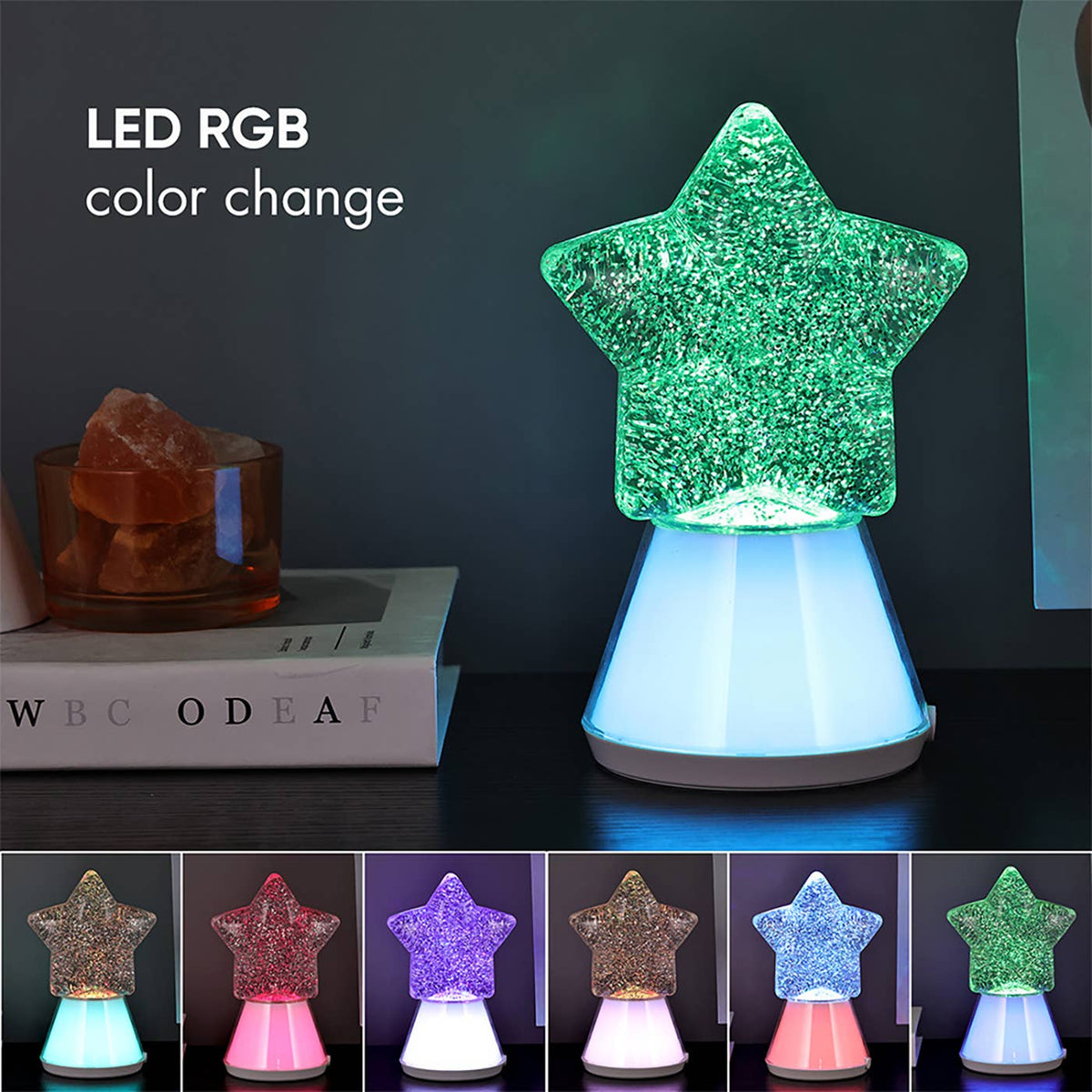 LED glitter sterrenlamp met RGB-kleurverlichting in zowel de fonkelende ster als de kegelvormige voet, USB-aansluiting, 18,8 cm hoog