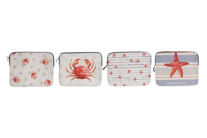 Canvas laptophoes met maritieme print, verkrijgbaar in vier designs met krabben en zeesterren. Beschermhoes van 36 x 28 cm met ritssluiting.