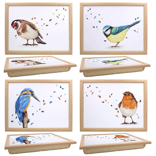 Laptrays met schootkussen en aquarelillustraties van tuinvogels zoals roodborstje, ijsvogel en pimpelmees