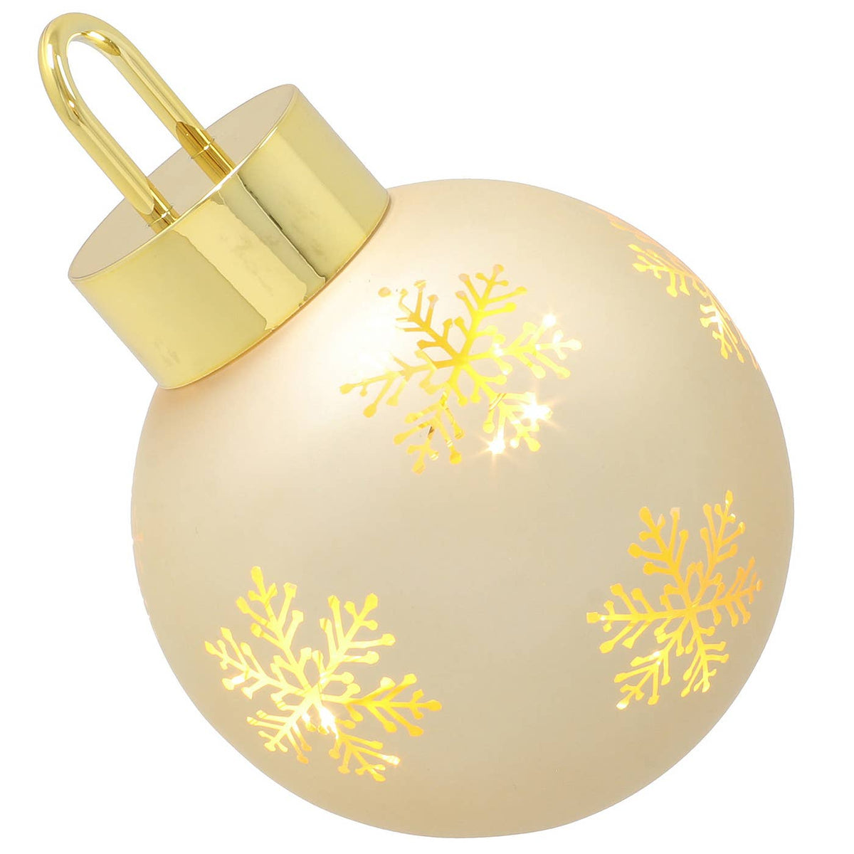 Crème-gouden glazen LED decoratie kerstbal met goudkleurige sneeuwvlokken, warme verlichting en gouden bovenkant, 12 x 12 x 15 cm