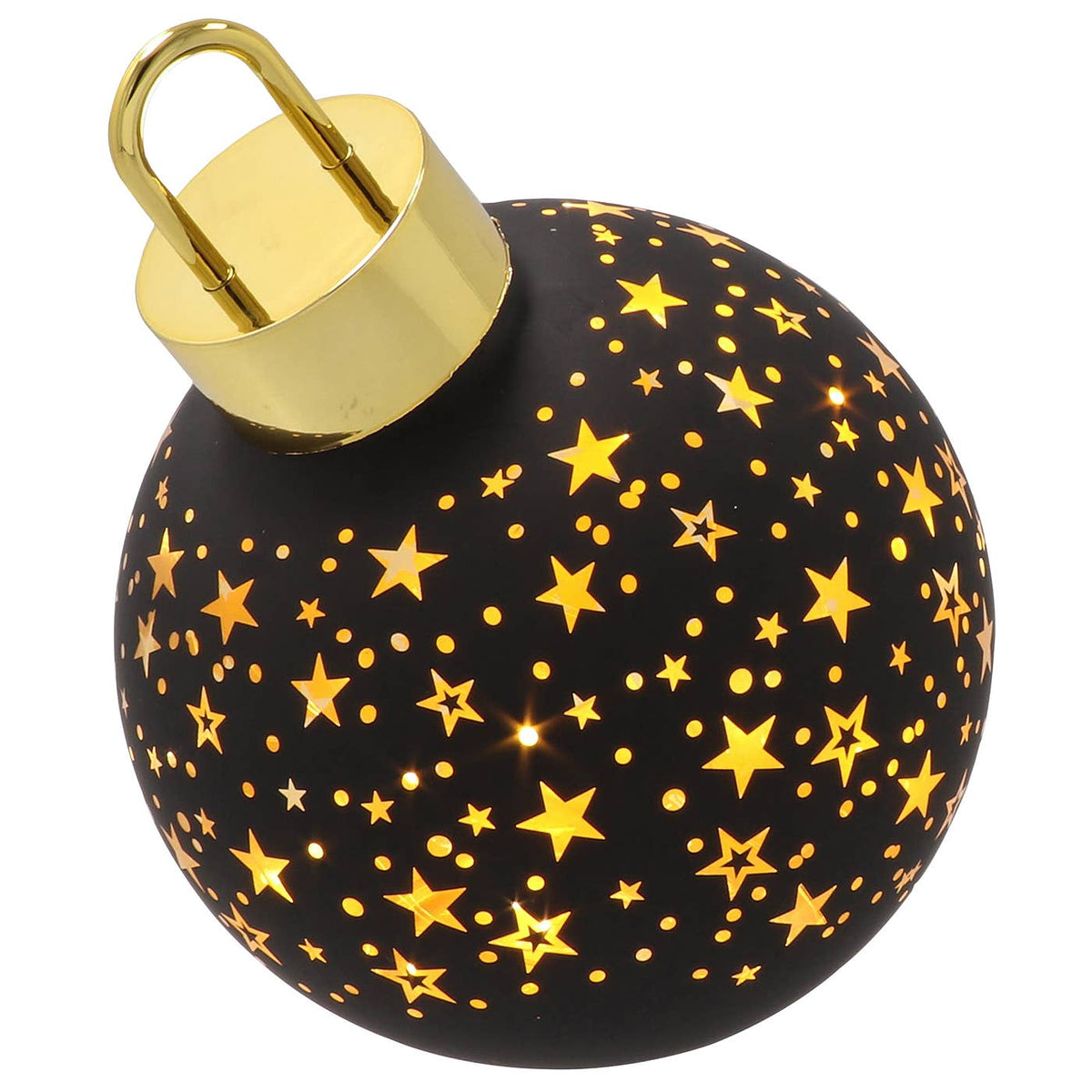 Staande glazen LED decoratie kerstbal zwart met gouden sterren, warme verlichting en goudkleurige bovenkant, 15 x 15 x 17 cm