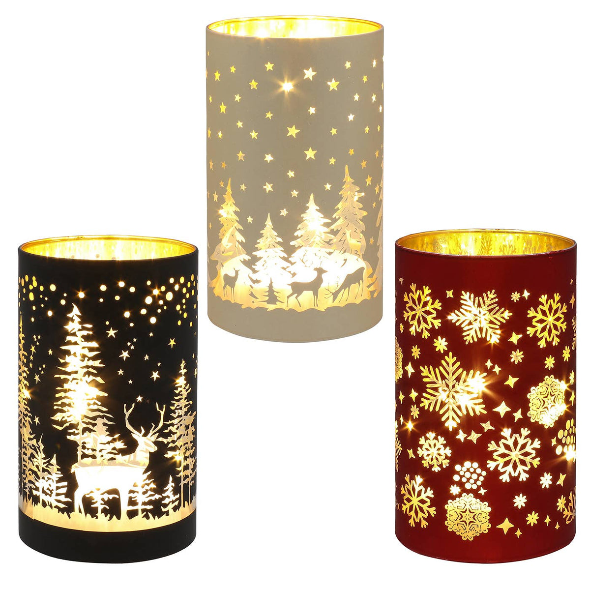 Drie glazen LED kerstlampen van 15 cm in zwart, crème-goud en rood met verlichte kerstbomen, herten, sterren en sneeuwvlokken en warm LED-licht