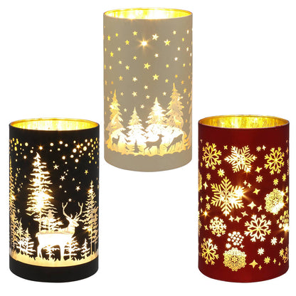 Drie glazen LED kerstlampen van 15 cm in zwart, crème-goud en rood met verlichte kerstbomen, herten, sterren en sneeuwvlokken en warm LED-licht