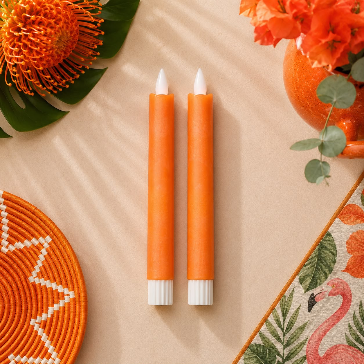 PTMD oranje LED dinerkaarsen set van 2 met bewegende vlam en echte wax 16 cm