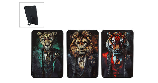 Staande statement dierenportretten van leeuw, tijger en panter in artistieke stijl op decoratiebord 30x20 cm