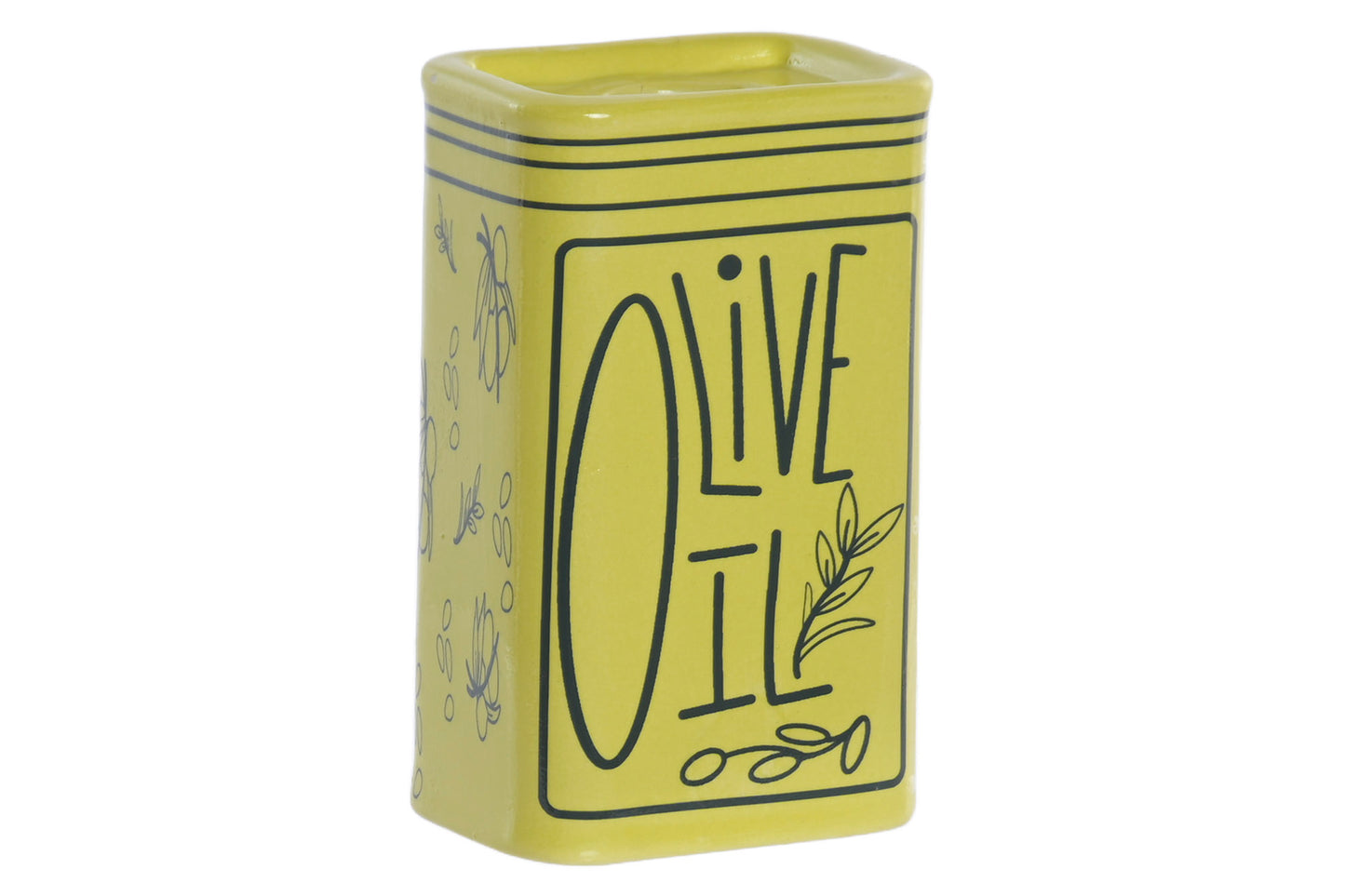 Geel stoneware mini vaasje met Olive Oil illustratie en kleine opening voor een droogbloem of decoratieve tak.