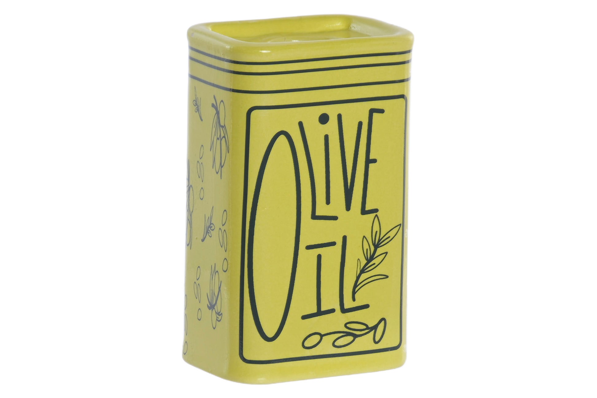 Geel stoneware mini vaasje met Olive Oil illustratie en kleine opening voor een droogbloem of decoratieve tak.