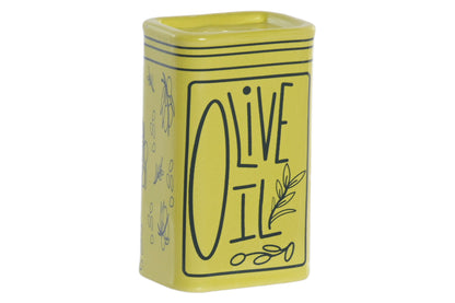 Geel stoneware mini vaasje met Olive Oil illustratie en kleine opening voor een droogbloem of decoratieve tak.