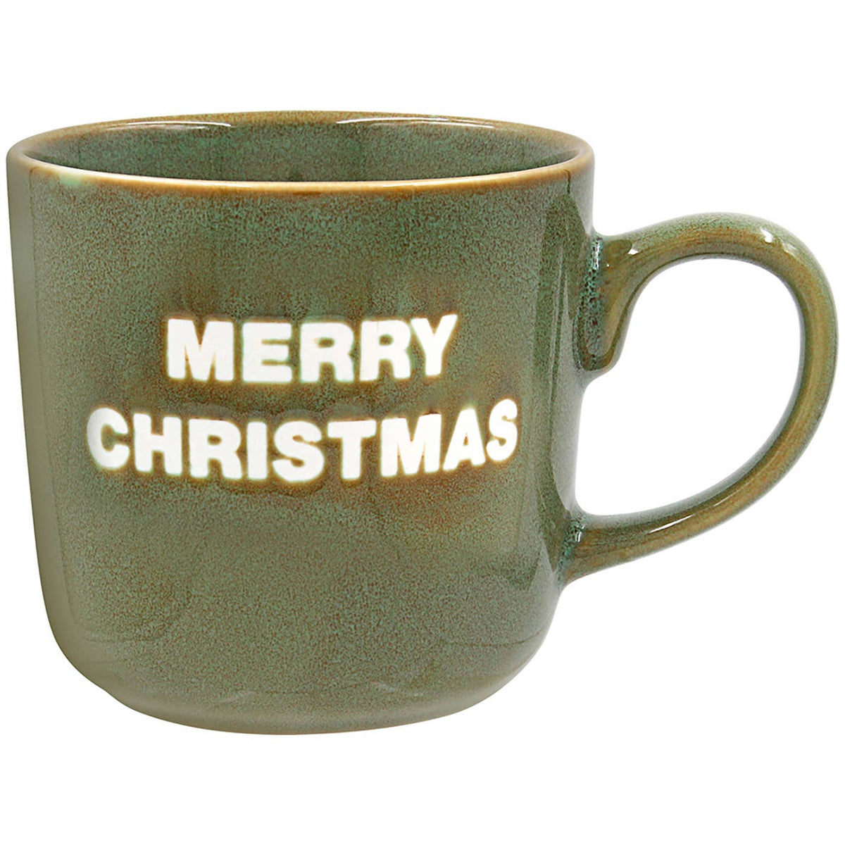 Groene Merry Christmas kerstmok van Lesser & Pavey Elements Collection, keramiek met glanzend reactief glazuur, witte kersttekst en ruim oor