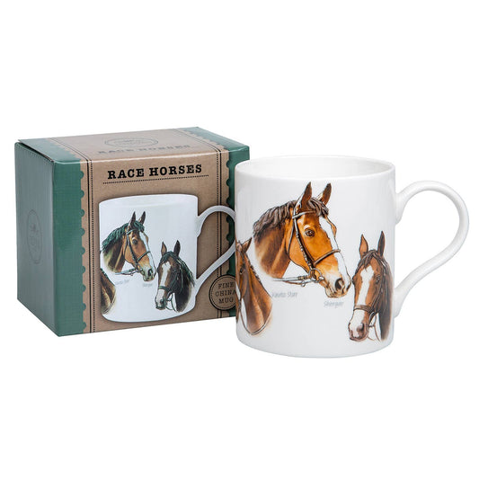 Keramieken mok met illustratie van drie racepaarden en hun namen, inclusief luxe cadeauverpakking
