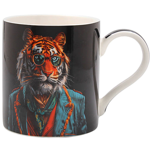 Keramische mok met afbeelding van een tijger in blauw-rood pak en oranje bril – kunstzinnige dierenmok