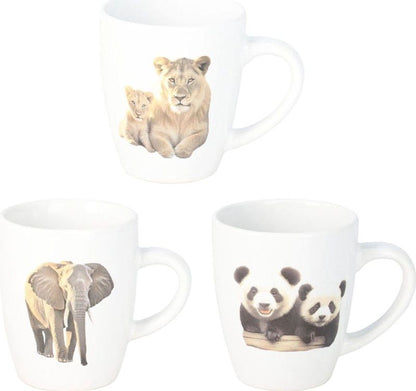 Safari mokken set van 3 met panda, leeuw en olifant print 220ml aardewerk