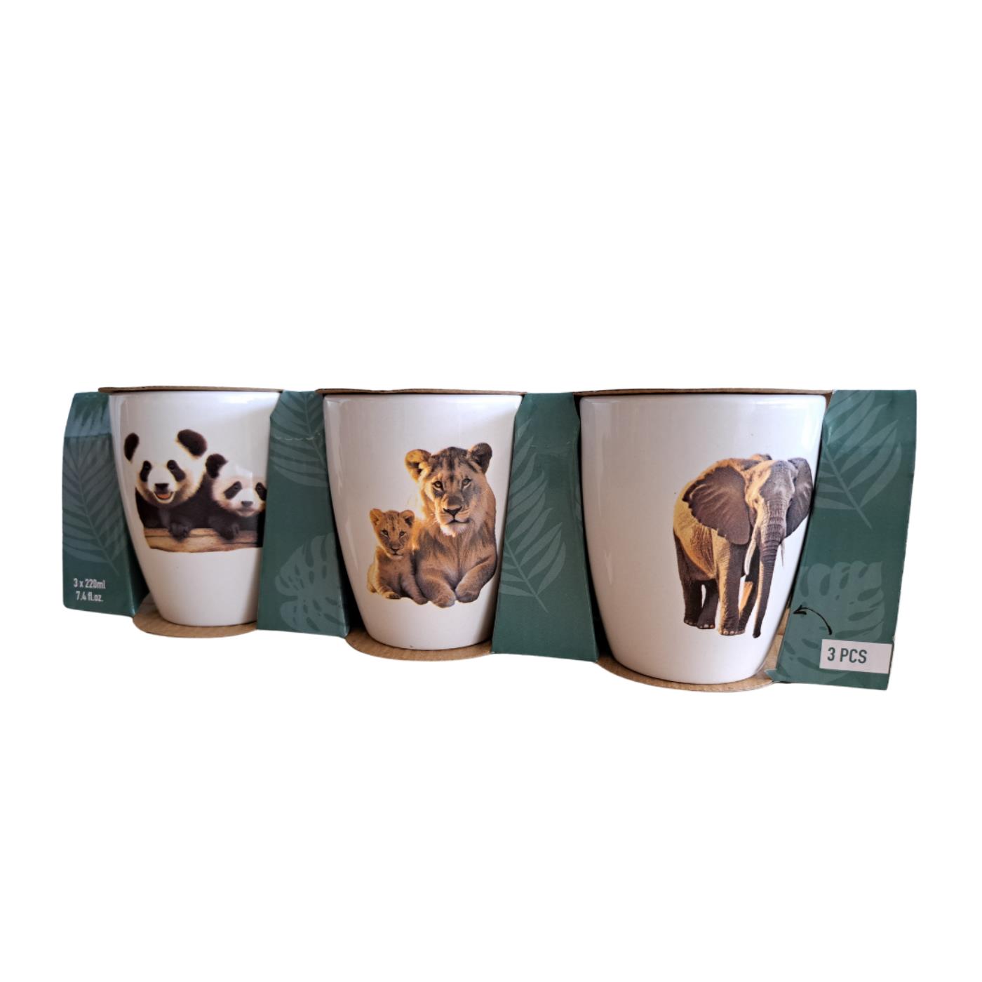 Safari Animal Mug Set 3 Pieces 220ml – Panda Lion Elephant – Earthenware