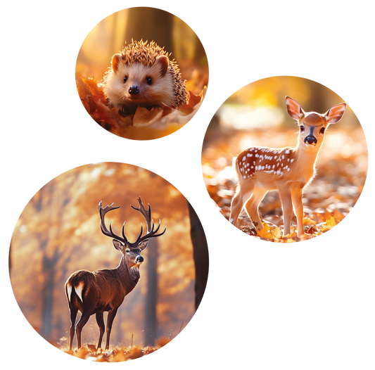Set van 3 muurcirkels herfstdecoratie – rendier, hert en egel op forex in warme kleuren