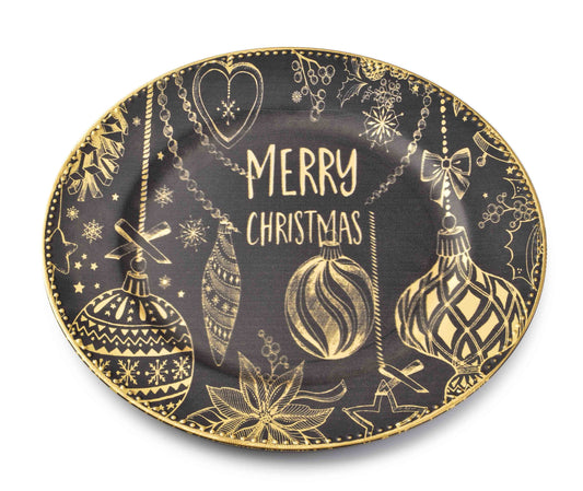 Rond kerst plateau / onderbord met zwart-gouden print – Ø 33 cm – feestelijke kerstsfeer