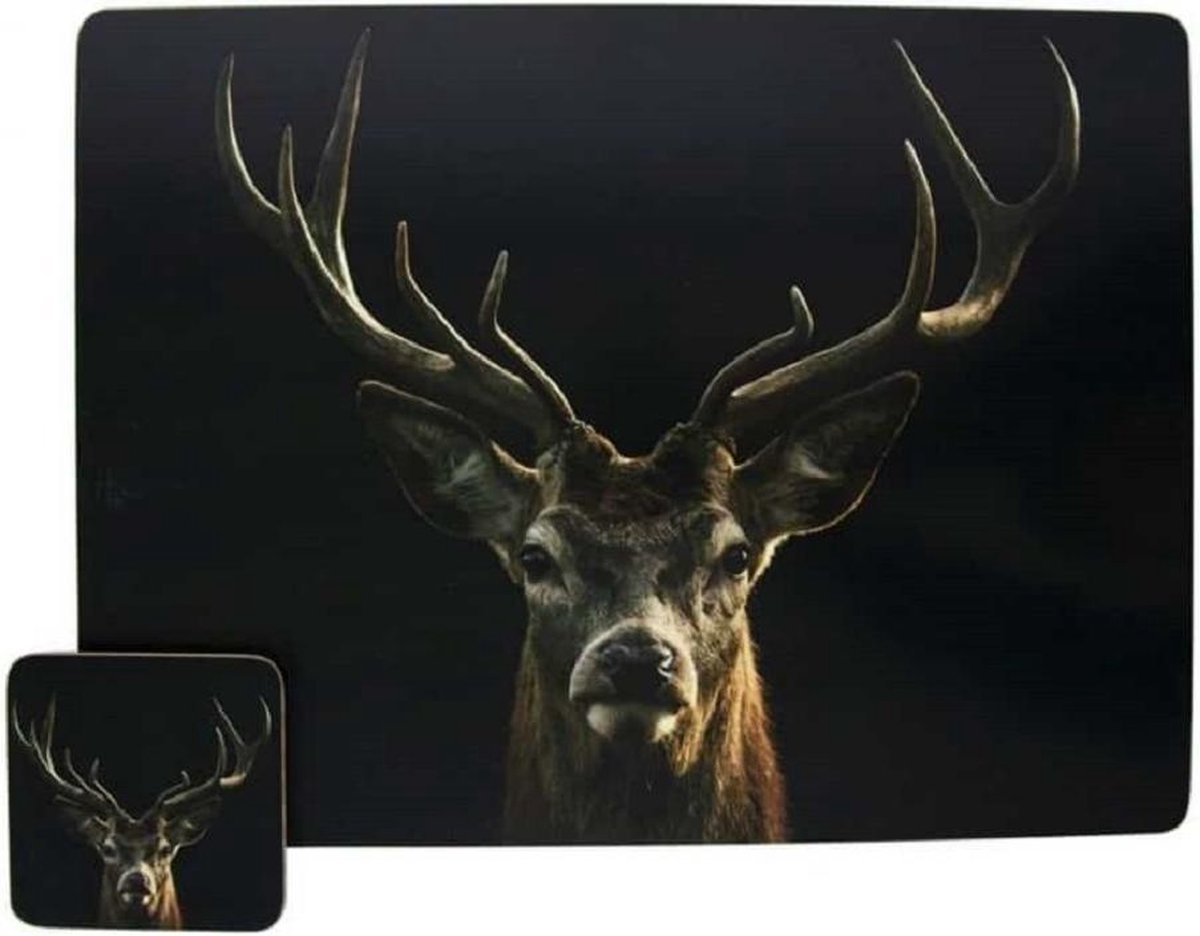 Set van 6 onderzetters met print van een hertenkop – zwart en bruin – Mars & More – 10x10 cm