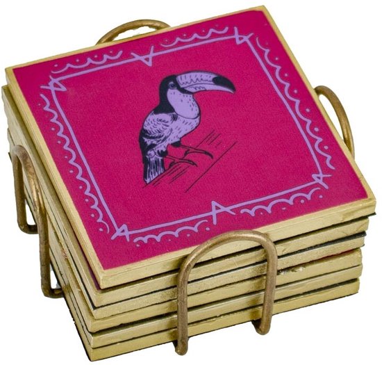 Houten onderzetters met dierenprint set van zes