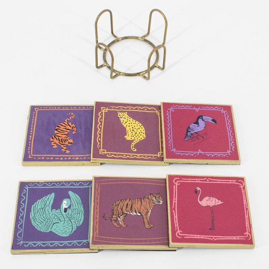Onderzetters hout dierenillustraties met metalen houder