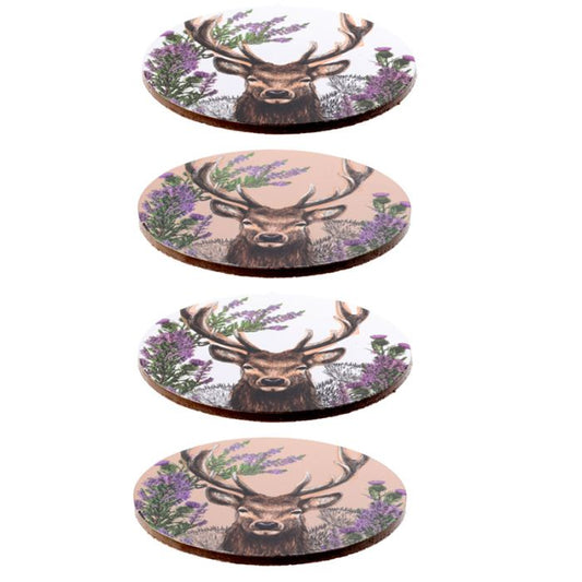 Set van 4 onderzetters met print van wilde herten en lavendel – 10x10 cm – MDF en kurk