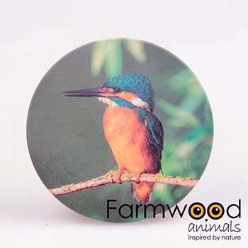 Ronde keramische onderzetter met afbeelding van een ijsvogel op een tak, diameter 10 cm