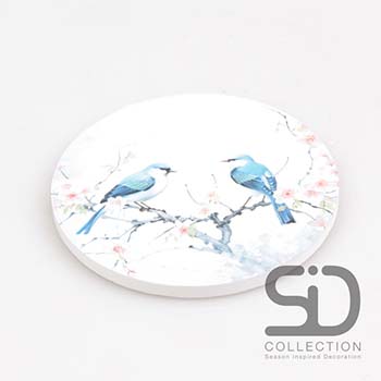 4er-Set Keramikuntersetzer Blaue Vögel & Blüten – Ø 10 cm