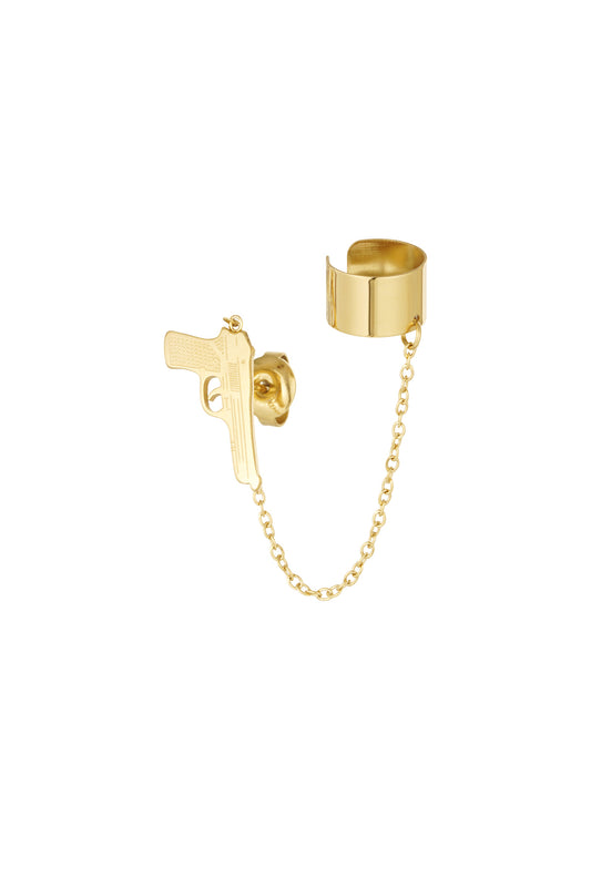 Gouden ear cuff met pistool en ketting – stainless steel statement oorbel – Krokomingo