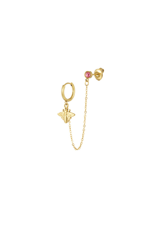 Gouden oorbel met bijtje en roze steentje – stainless steel chain oorbel – Krokomingo