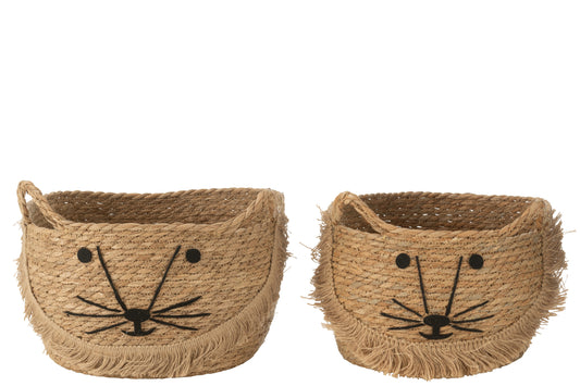 Set van 2 rotan opbergmanden met kattengezicht, natuurlijke kleur en zwarte details van J-Line.