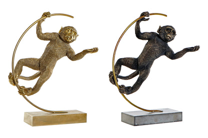 Aapbeeld in gouden ring – sculptuur op metalen voet in goud of zwart-goud, 48 cm hoog