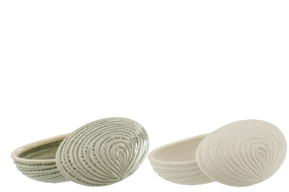 Keramieken schelp opbergdoos van J-Line in mat wit of glanzend licht zeegroen met deksel voor sieraden en kleine accessoires.