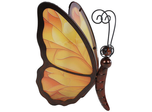 Amberkleurige vlinder ornament theelichthouder van glas en metaal – 17,5x14x25 cm