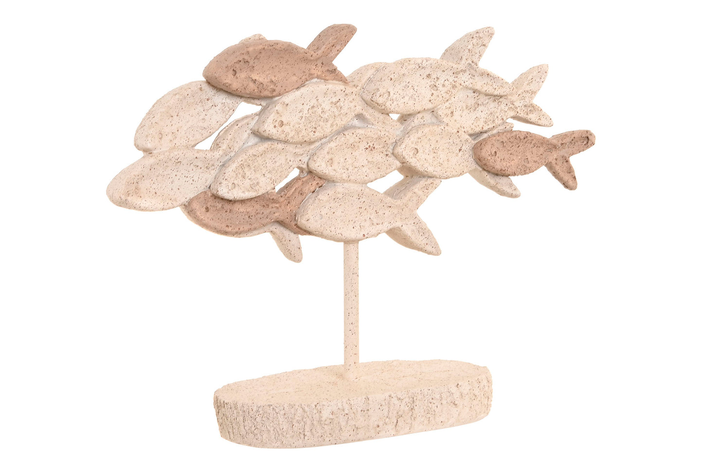 Decoratief resin vissenbeeld op voet in beige met organisch design en subtiel verweerde afwerking voor stijlvolle woondecoratie.