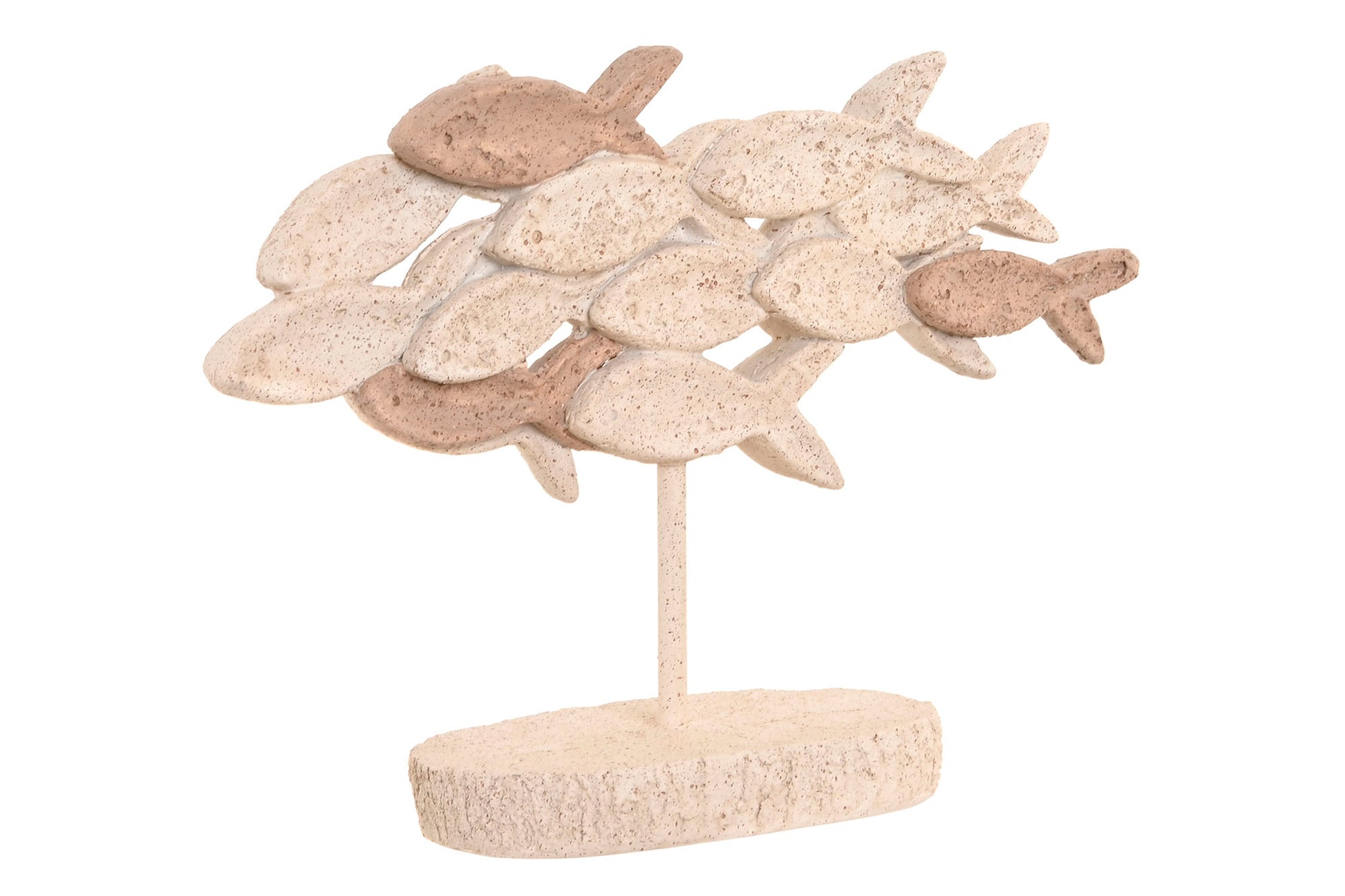 Decoratief resin vissenbeeld op voet in beige met organisch design en subtiel verweerde afwerking voor stijlvolle woondecoratie.