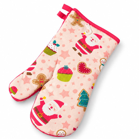 Roze kerstovenwanten met print van kerstmannen, peperkoekfiguurtjes, cupcakes en sterren, met bies en ophanglusje, 30,5 × 17,8 cm