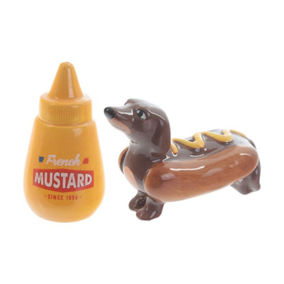 Worstenhond hotdog peper- en zoutstel van dolomiet keramiek met mosterdfles