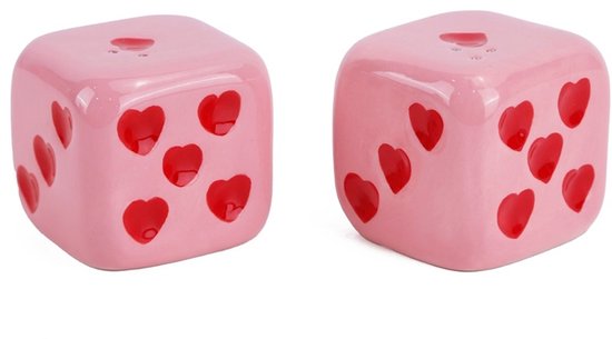 Peper en zoutstel dobbelstenen roze hartjes aardewerk