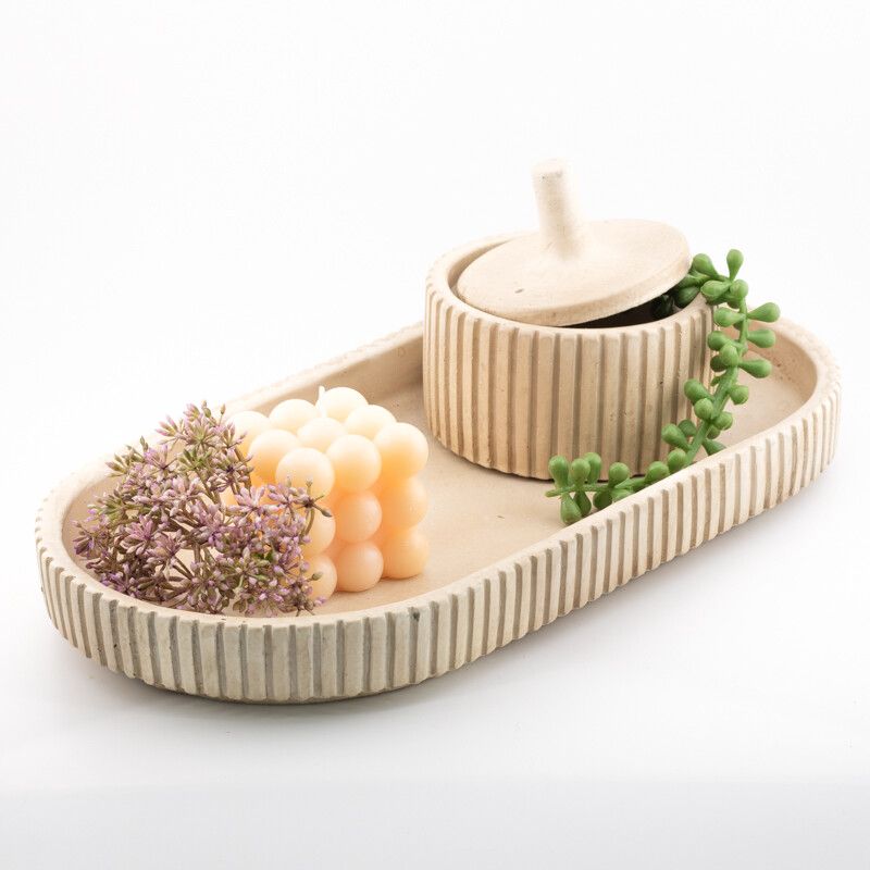 Beige decoratieschaal van aardewerk met geribbelde rand 35 cm
