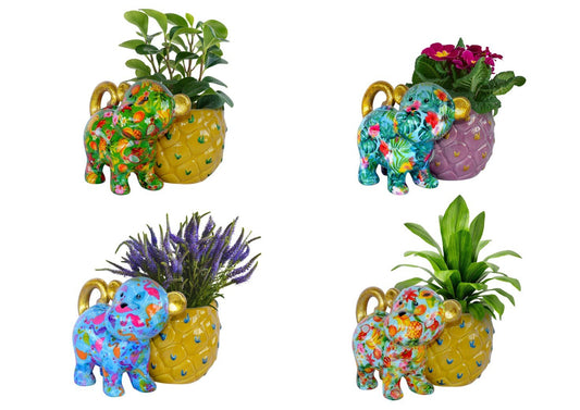 Pomme Pidou bloempot Aap met Ananas in Tropisch Fruit groen, Jungle Turquoise, Flamingo Blue en Tropical Flowers Lightblue – keramiek – Krokomingo