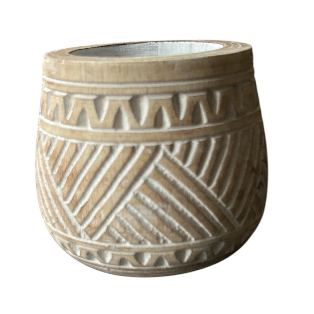 Handgemaakte Houten Pot met Balinees Houtsnijwerk – 10 x 10 cm – Wit of Naturel